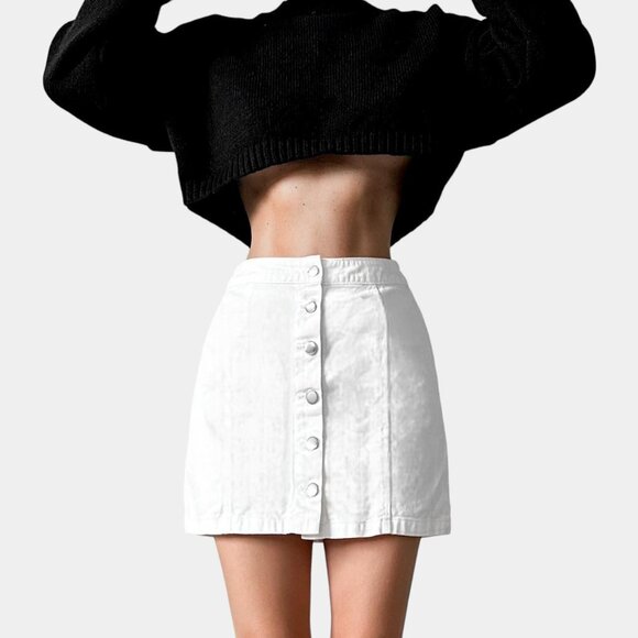 White H&M Button Front High Waisted Denim A-Line Mini Skirt Size XS/S - Picture 1 of 7
